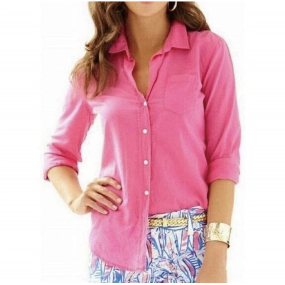 Lilly Pulitzer Anna Maria Shirt Capri Pink Button Down Top S 100% Cotton Pink
